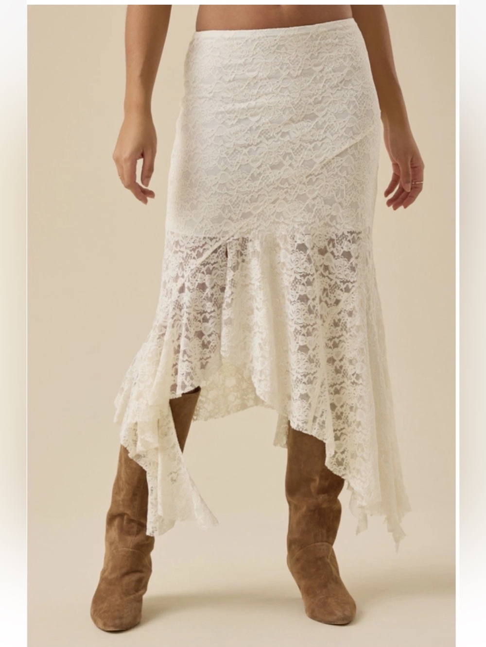 Altar’d State Faith Midi Tiered Asymmetric Lined Lace Ivory Skirt NWT Size L - Picture 1 of 10